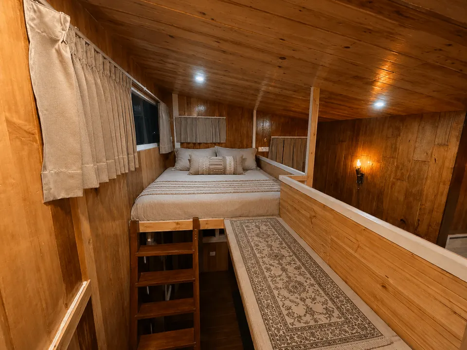 Wooden cabin loft bed and stairs