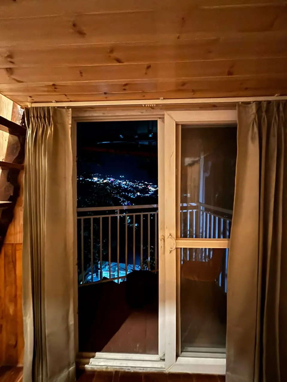 Cabin balcony and its view at night